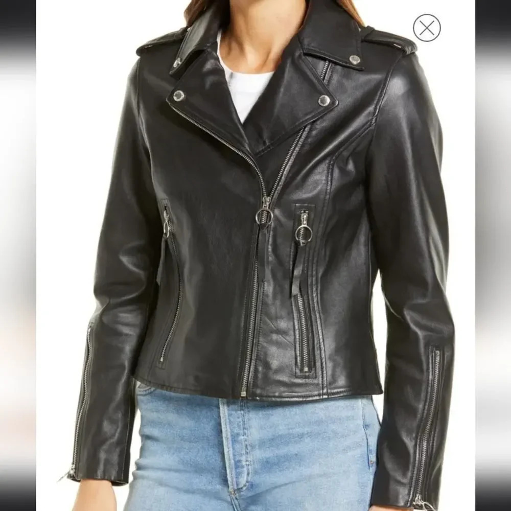 Sam Edelman Women's Leather Motorcycle Jacket with Ring Zipper Size Medium